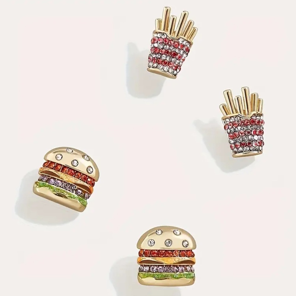 NWT Burger & Fries set of 2 pair of earrings zircon rhinestone gold new with tag